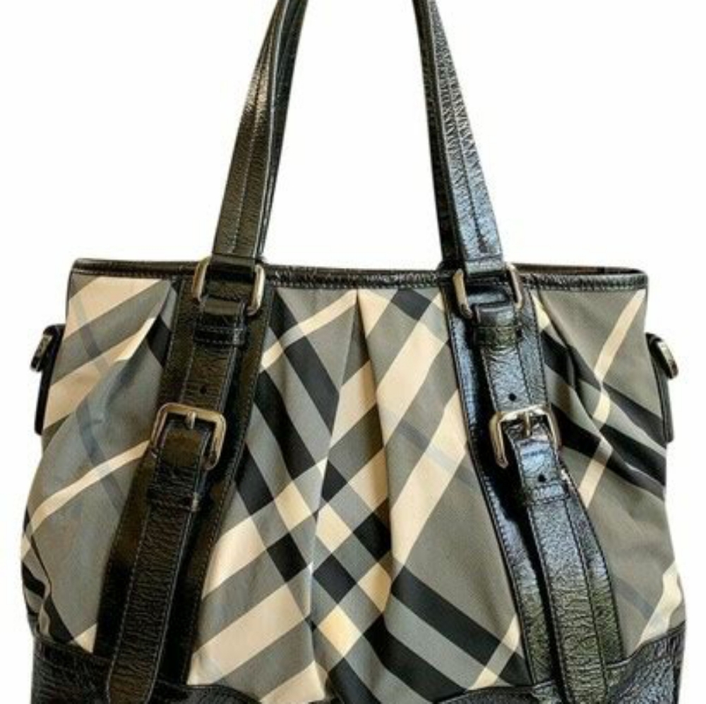 Burberry Black & White Nylon Leather Tote